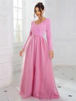 Elegante Vestido de Terciopelo con Lentejuelas Cuello en V, Manga Larga, Red de Cetín, Azul Cielo y Rosa, Perfecto para Fiestas - details 13