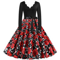 Women plaid print long sleeve vintage a line party dress v neck - details 171