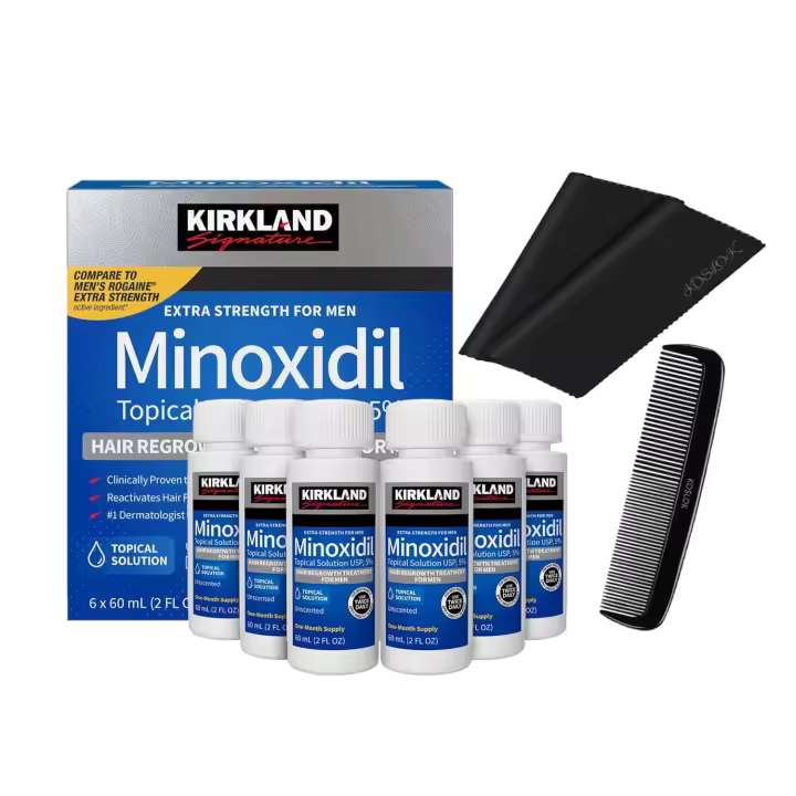 Kirkland Minoxidil 5% para hombres, solución tópica, tratamiento de regeneración capilar extra fuerte, suministro de 6 meses, total de 12 onzas líquidas, aplicador cuentagotas, 2 paños de limpieza de microfibra exclusivos y peine incluidos - 1