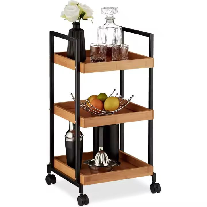 Cocina, Carro Auxiliar, Isla, Bambú y Hierro, 1 Ud, 69,5 x 37 x 34 cm, Marrón - 1