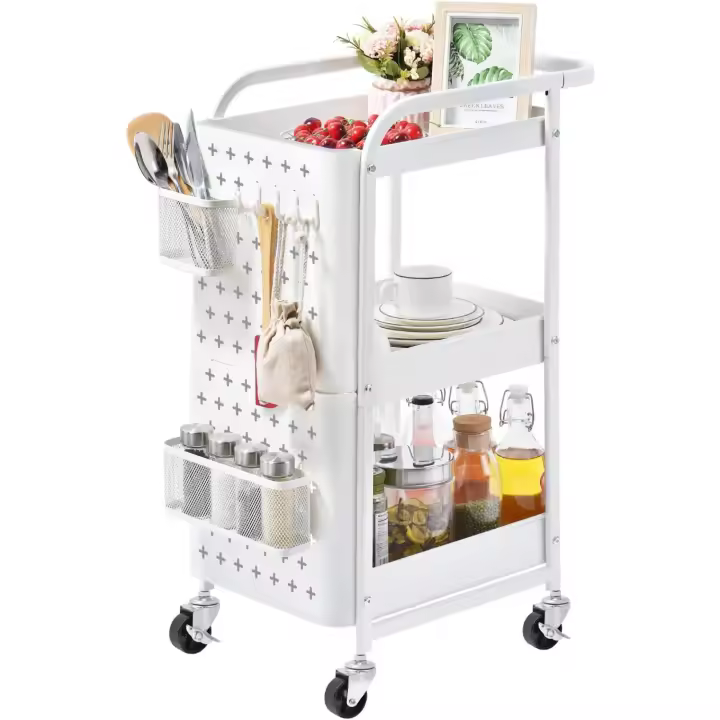Carro de Almacenamiento de Alimentos Motorizado 3 Niveles, Carro de Metal con Ganchos, Rack de Almacenamiento con Ruedas para Cocina (Blanco) - 1
