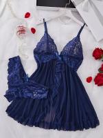 Conjunto de camisón de poliéster elástico de color sólido maduro 100g/m² Micro-Estiramiento, espalda en V profunda sin mangas con cinta y falda asimétrica, con encaje y tanga, para mujeres - details 4