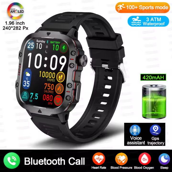 2024 Nuevo Relojes inteligentes para hombres 1,96 inch 330 * 282 AMOLED,420 mAh Battery,Bluetooth llamada clock,asistente de voz,al aire libre,100 + modo deportivo,GPS Rastreador,Ip67 impermeable,Monitor de salud 24h, Relojes inteligentes Para Android ios - 1