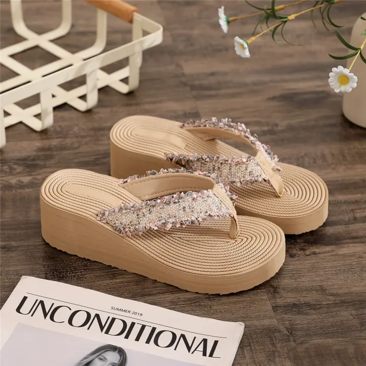 Chanclas tejidas con cuerda de paja de imitación de estilo nuevo bohemio, sandalias de verano para mujer, zapatos de playa con tacones de cuña exteriores - 1
