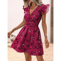 Vestido estampado con cuello en V a la moda, Mini Vestidos con mangas de pétalo para mujer, vestido acampanado para fiesta de verano - details 2