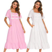 Pijamas para mujer, ropa de dormir con cuello cuadrado, camisón de manga corta, vestido mixto de encaje - details 2