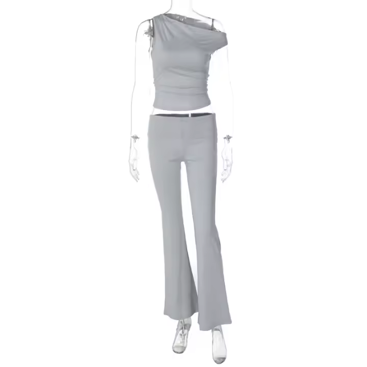 Ropa de mujer con hombros inclinados, botones irregulares, camiseta sin mangas, top de moda, pantalones ligeros de cintura baja, conjunto de dos piezas. - 1