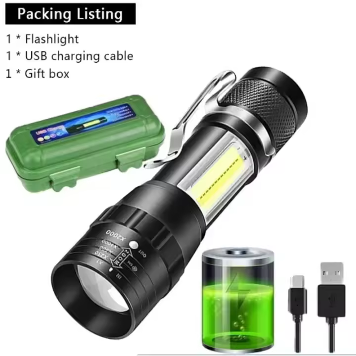 Linterna Portátil Mini COB+XPE Luz de Exploración para Acampar al Aire Libre, Pescar de Noche, Detectar Cuevas Impermeable, Carga USB, Aluminio - 1