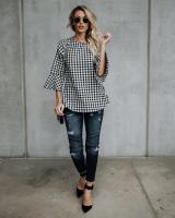 Camisa de manga acampanada con cuello redondo a cuadros de talla grande Fat Mm - details 3
