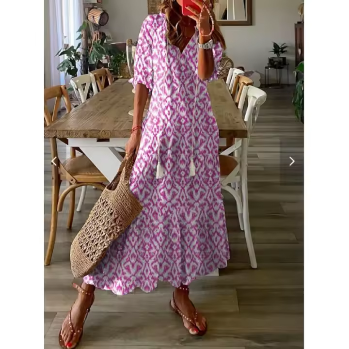 Vestido largo casual de verano y primavera, dulce, suelto, con cuello en V, estampado de barba y manga media. - 1
