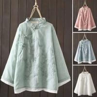 Algodón en mujer blusa estilo bordado wer patrón nudo botón cuello alto A e camisa china - details 14