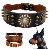 Collar de cuero con tachuelas y pinchos para perros grandes y medianos, Collar de cuero genuino duradero para mascotas, marrón - details 0