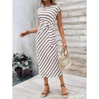 Vestido largo de manga corta con cuello redondo a rayas y cintura elegante con vestidos de encaje utilizados para la fiesta de verano de las mujeres - details 34