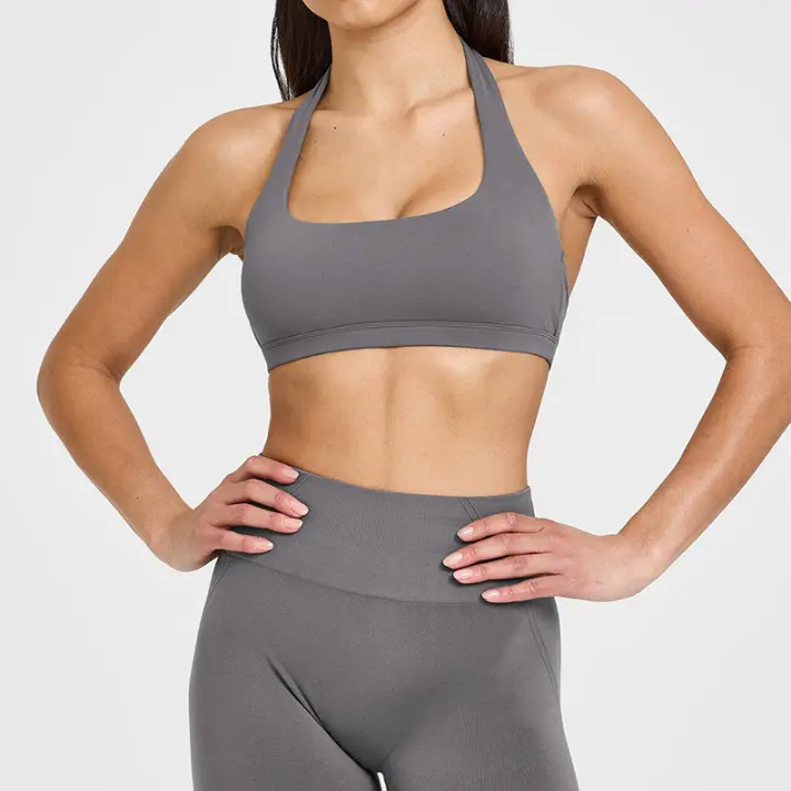 Sujetador deportivo de cuello halter estilo europeo y americano para mujeres, sensación de verano sin cubierta con almohadillas para el pecho, top ajustado para entrenamiento físico y yoga - 1