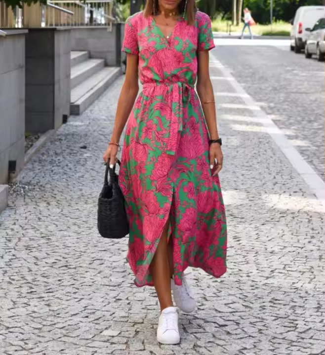 Roba Bohemia Retro con Estampado Falda Larga con Abre de Cintura Cuello Redondo Mangas Cortas - 1
