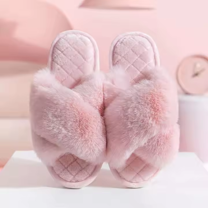 PU interior mullida del material del forro del estilo de la piel del dedo del pie abierto de las zapatillas caseras del algodón del piso cruzado del PVC del invierno - 1