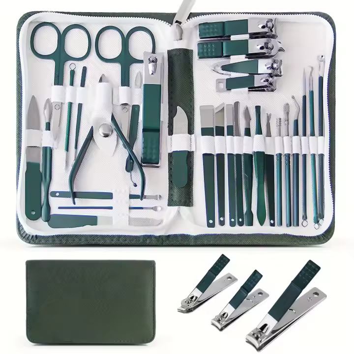 Juego de cortaúñas verde de 30 piezas, kit de manicura, cortador de uñas de acero inoxidable, tijera, cutículas, herramientas de pedicura, viaje - 1