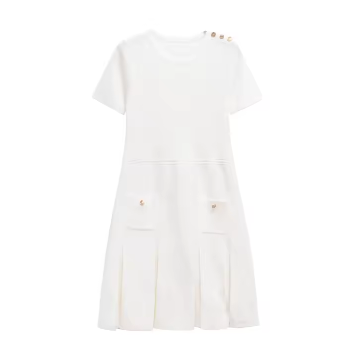 Vestido Mini de Punto con Pliegues 2025 Cuello Redondo, Mangas Cortas, Bolsillos - 1