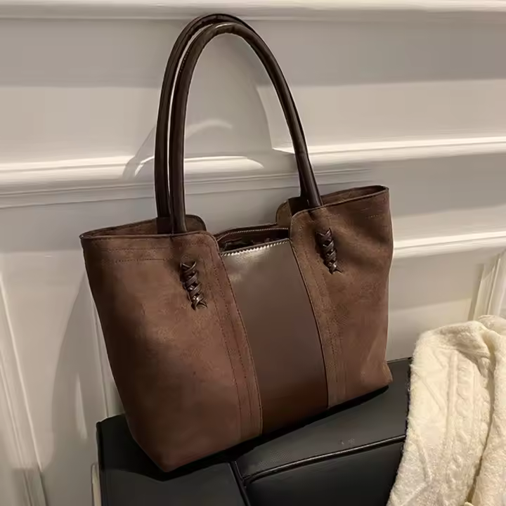 Bolso de mano de gran capacidad con superficie de gamuza para mujer, bolso de mano de ocio de moda coreana, bolso de mano con empalme de colisión de colores vintage - 1