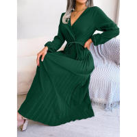 Vestido largo plisado con dobladillo grande para mujer, vestido cruzado de Color liso con cuello en V, moda de primavera y verano - details 15