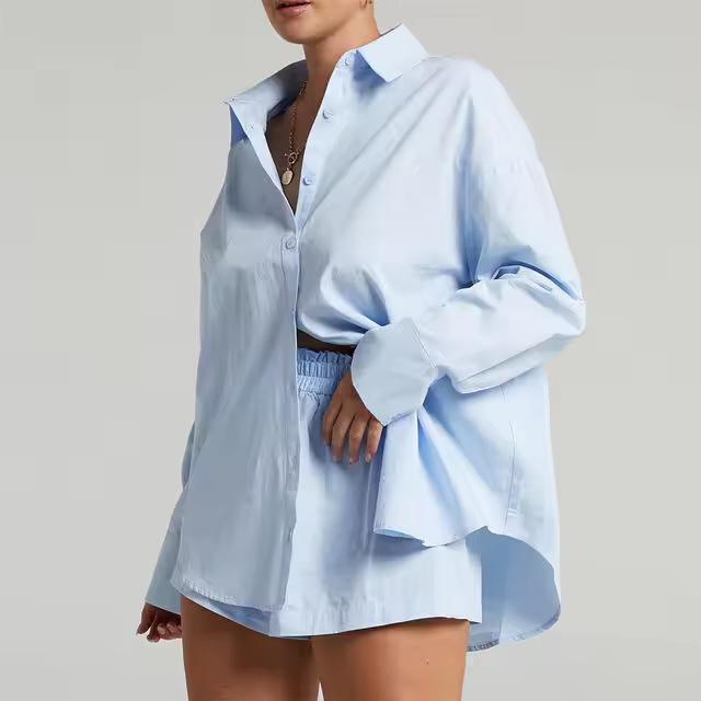 Conjunto de dos piezas de camisa informal de moda con bloques de color y pantalones cortos elásticos de botonadura sencilla - 1