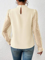 Jersey elegante de Cuello medio alto para mujer, de Color sólido Camisa de gasa, blusa de manga larga con volantes ondulados, Tops sueltos informales para mujer, novedad - details 5