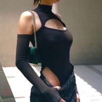 Mono de manga larga con cuello medio alto para mujer, hombros descubiertos, color sólido, moda de alta gama - details 5