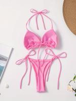 Conjunto De Bikini De Dos Piezas De Moda De Color Sólido, Con Cuello Halter, Triángulo Sin Espalda Y Lazos Laterales - details 11