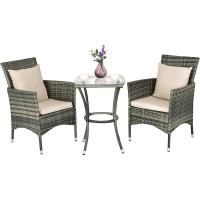 Conjunto Muebles de Jardín Ratán de 3 Piezas, 2 Sillas con Cojines y 1 Mesa de Vidrio Templado, Mesa y Sillas Terraza Terraza Patio Balcón (Beige) - details 0