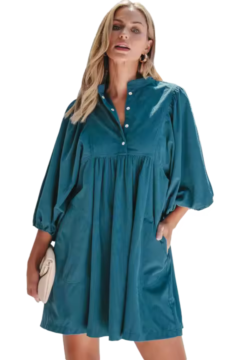 Elrachen Vestido de mujer de pana con botones a presión y cintura imperio, azul, tallas S-XL - 1