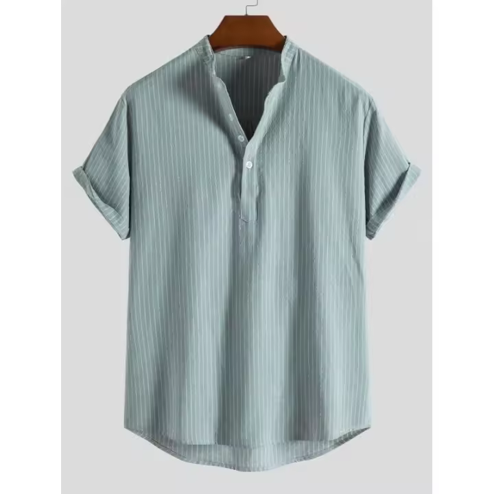 Camisa holgada de manga corta para hombre, camisa a rayas con cuello alto, estilo moderno, talla grande, nueva en 2024 - 1