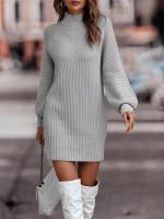 Vestido corto de ganchillo para mujer, minivestido de punto de cuello alto, holgado, de manga larga, estilo Retro, talla Xxl - details 8