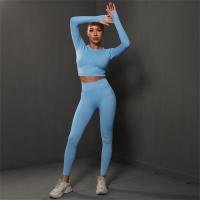 Conjuntos de gimnasio para mujeres 2 piezas manga larga ropa de yoga top cropped costilla alta leggings sin costuras material elástico para primavera/verano - details 35
