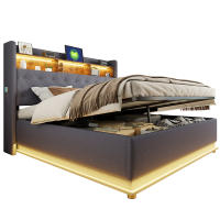 Cama tapizada LED 180 x 200 cm, Cama acolchada con puerto de carga USB y almacenamiento hidráulico, tela de lino agradable para la piel, Gris (Sin colchón) - details 11