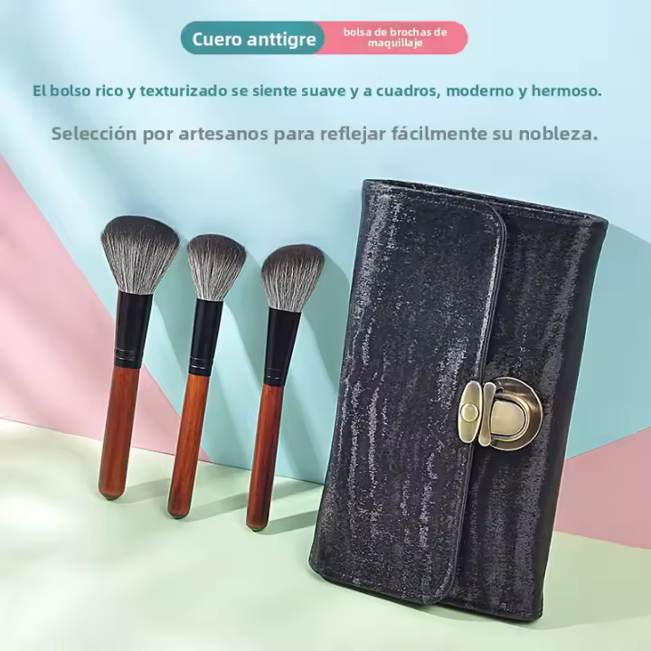 Exquisito Pincel de Maquillaje de Piel de Tigre Calidad Superior 10 Bolsas de Cuero Cremallera - 1