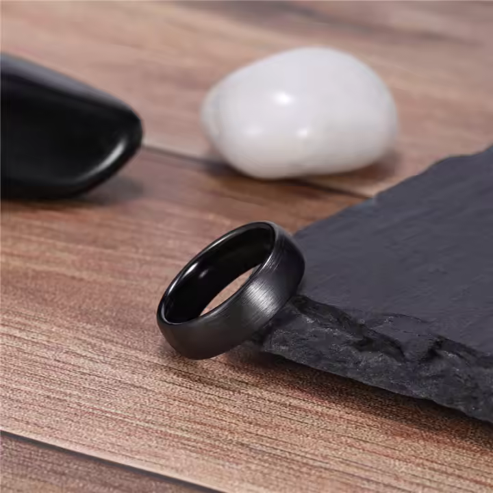 Tigrade-Anillo de cerámica cepillada para hombre y mujer sortija de boda color negro mate talla grande 4/6/8mm de ancho - 1