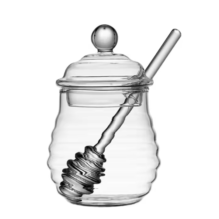 Olla de miel de vidrio con cucharón y tapa, contenedor de almacenamiento de miel transparente, botella de miel en forma de panal - 1