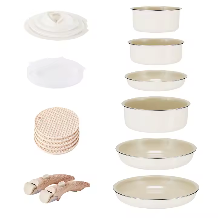 RIOVARM Inducción Juego de ollas y sartenes con asas Desmontables, Apilable Antiadherente Cerámica Sartenes y ollas con Tapas, Ahorro de espacio, Juegos de sartenes, Sin PFOA, Sartén - 1