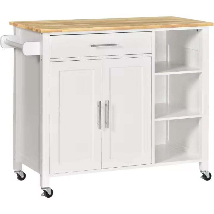 Cocina de Ruedas Mueble Auxiliar con 1 Cajón, 2 Puertas, 3 Estantes Abiertos y Barra Lateral para Comedor Blanco, 107.5x48x89 cm - 1
