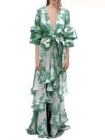 Vestidos de fiesta con volantes estampados para mujer, Vestido largo con manga acampanada y escote en V profundo, Vestido bohemio Irregular con cintura atada a la moda - details 4