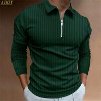 Polo deportivo informal con solapa de color liso para hombre, camisa de manga larga a rayas con cremallera, alta elasticidad, novedad Otoño/Invierno 2024 - details 8