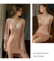Grandeur Plus Size Sexy Color sólido Encaje Bordado Bata Cardigan Vestido de corte bajo Conjunto de ropa de descanso - details 19