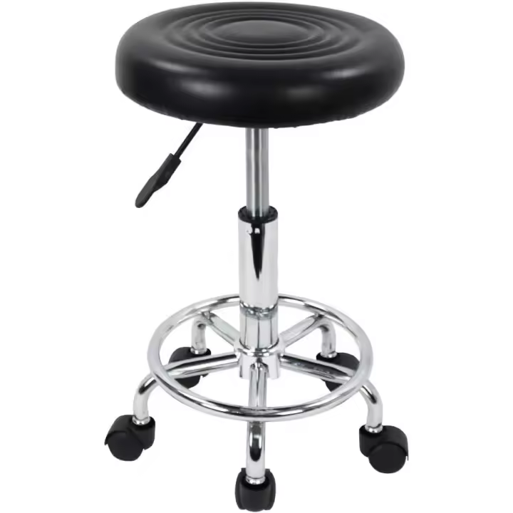 Taburete con ruedas de piel sintética, giratoria, altura regulable, silla giratoria con reposapiés, altura regulable (negro) - 1