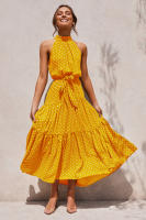 Vestido largo de mujer europea y americana 2025, nuevo vestido con cordones, estampado de lunares y cuello. - details 3