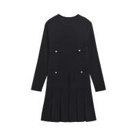 Otoño Invierno mujer dobladillo plisado Vestido corto de punto manga larga cuello redondo bolsillos frontales con botón Mini vestidos negro - details 0