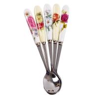 Cuchara de café de cerámica con flores rosas, cuchara de helado de acero inoxidable para cocina y comedor, cucharadita de postre - details 2
