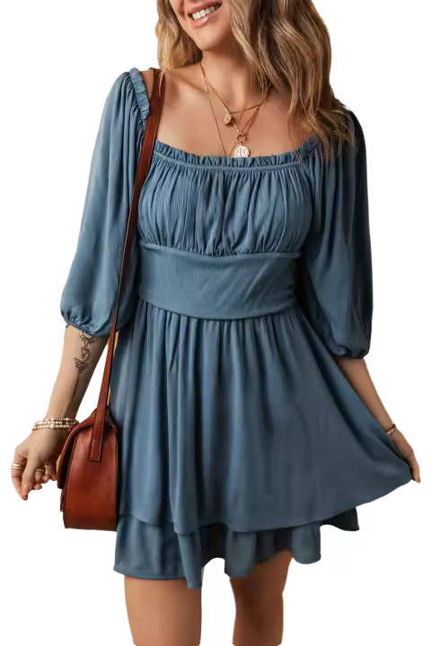 Elrachen Mini vestido de mujer con escote con volantes y detalles fruncidos, verde azulado, tallas S-XL - 1