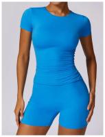Conjunto de Yoga Sin Costuras para Mujer 2 Piezas Traje de Gimnasio con Top Corto de Manga Corta y Shorts para Correr Ropa Deportiva Activa Material Exterior de Nylon - details 2