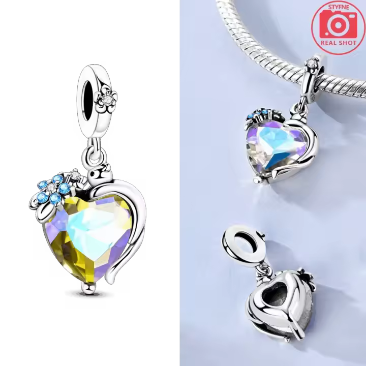 Dijes Originales de Plata 925 con Forma de Corazón de Gato y Flor, Compatibles con Pulseras de Plata 925 para Mujer, Regalos para Hacer Joyas - 1