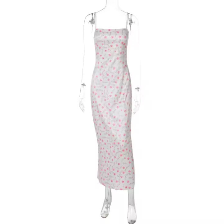 Verano nuevo producto puro deseo estilo dulce y picante vestido de tirantes con estampado de cuello de una palabra. - 1